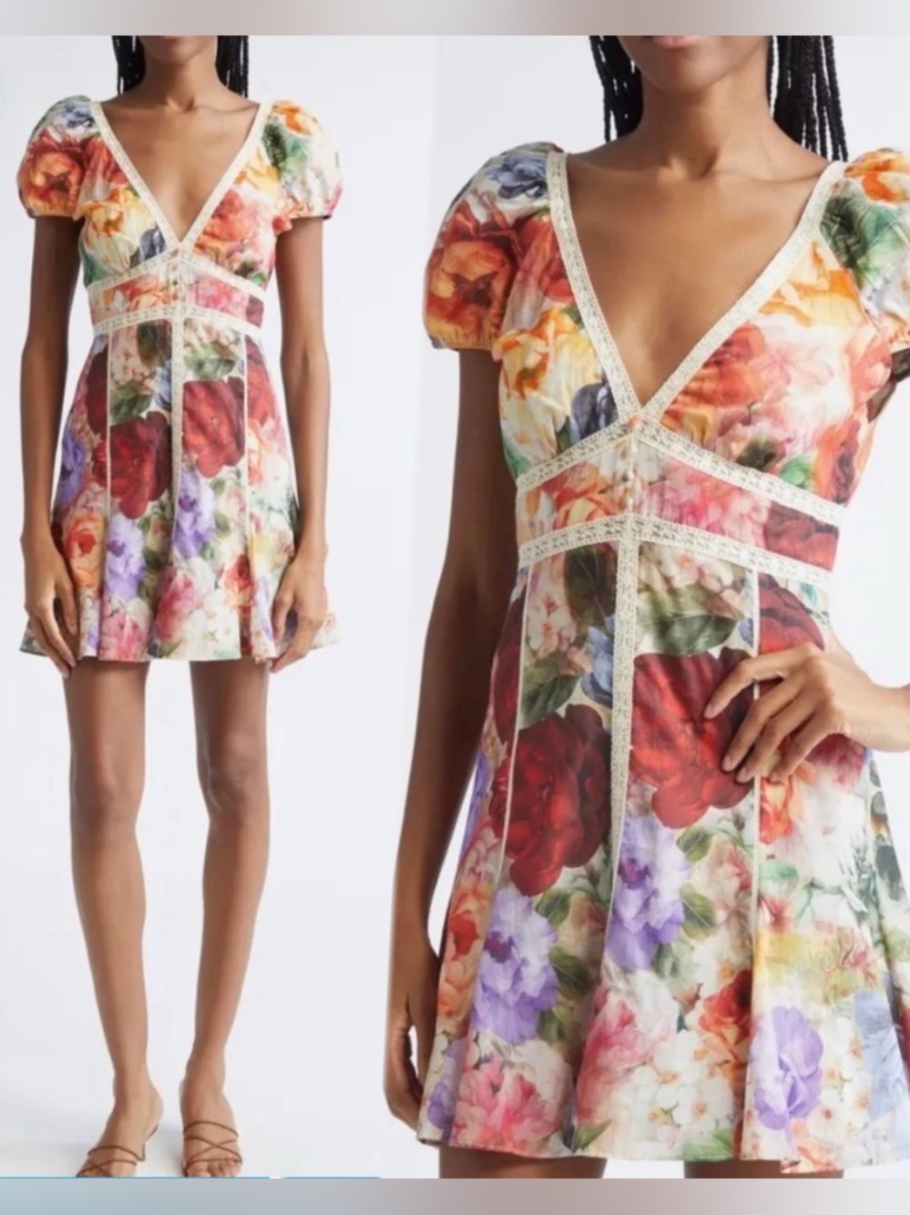 Alice+Olivia Romantic Rose Print With Lace Trim Minidress Size 8.